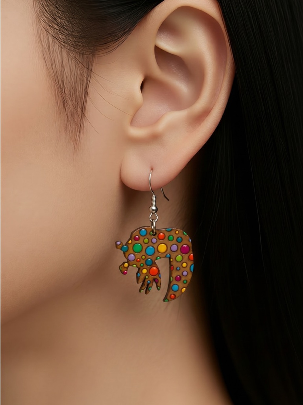 Colorful Polka Dot Wodden Animal Drop Earrings - Multicolor